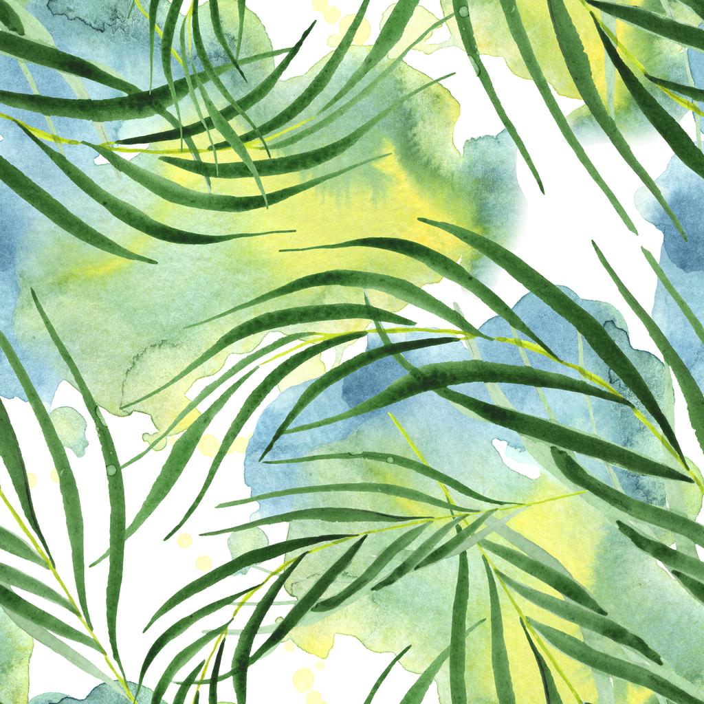 Egzotik tropikal hawaii yeşil palmiye yaprakları. Suluboya arka plan seti. Kesintisiz arka plan deseni. - Fotoğraf, Görsel