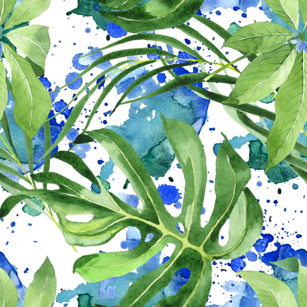 エキゾチックな熱帯ハワイアングリーンヤシの葉。水彩画の背景セット。シームレスな背景パターン. - 写真・画像