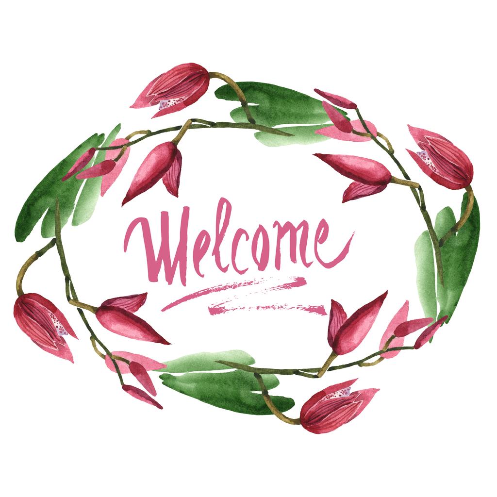 Marsala orchids with green leaves isolated on white. Watercolor background illustration set. Frame border ornament with welcome lettering. - Photo, Image
