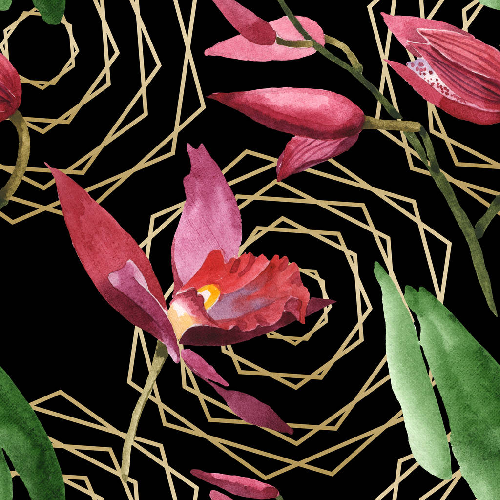 Marsala orchidee z zielonych liści na czarnym tle. Zestaw ilustracji akwarela. Płynny wzór tła.  - Zdjęcie, obraz