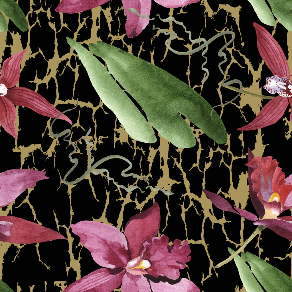 Marsala orchids with green leaves on black textured background. Watercolor illustration set. Seamless background pattern.  - Photo, Image