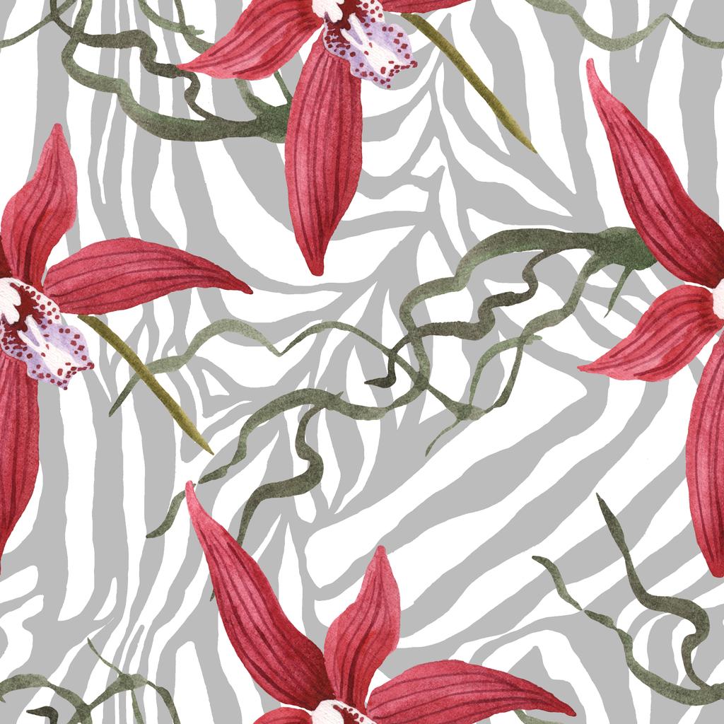 Marsala orchideák zöld levelei a zebra háttérben. Akvarell illusztráció meg. Folytonos háttérmintázat.  - Fotó, kép