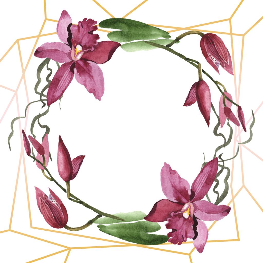 Orquídeas de Marsala con hojas verdes aisladas en blanco. Conjunto de ilustración de fondo acuarela. Marco ornamento borde con espacio de copia
. - Foto, imagen