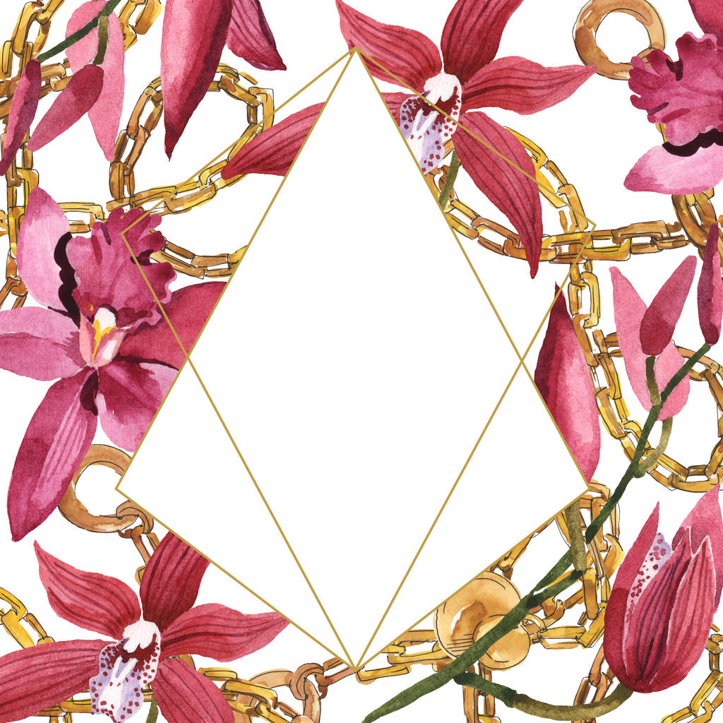 Marsala Orchideen mit grünen Blättern isoliert auf weiß. Aquarell Hintergrundillustration Set. Rahmen-Bordüre mit Kopierraum. - Foto, Bild
