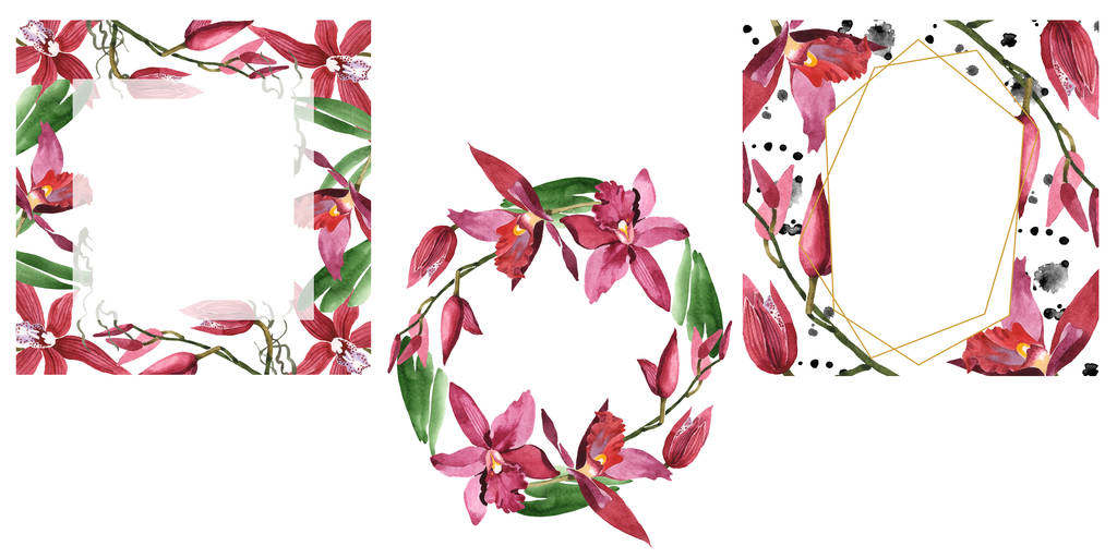 Orchidées Marsala avec des feuilles vertes isolées sur blanc. Aquarelle fond illustration ensemble de cadres avec espace de copie
. - Photo, image