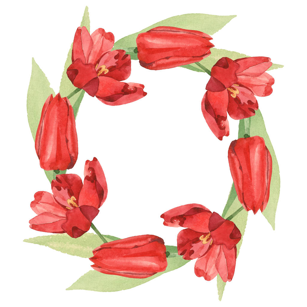 Rand van rode tulpen met groene bladeren illustratie geïsoleerd op wit. Frame ornament met kopieerruimte. - Foto, afbeelding