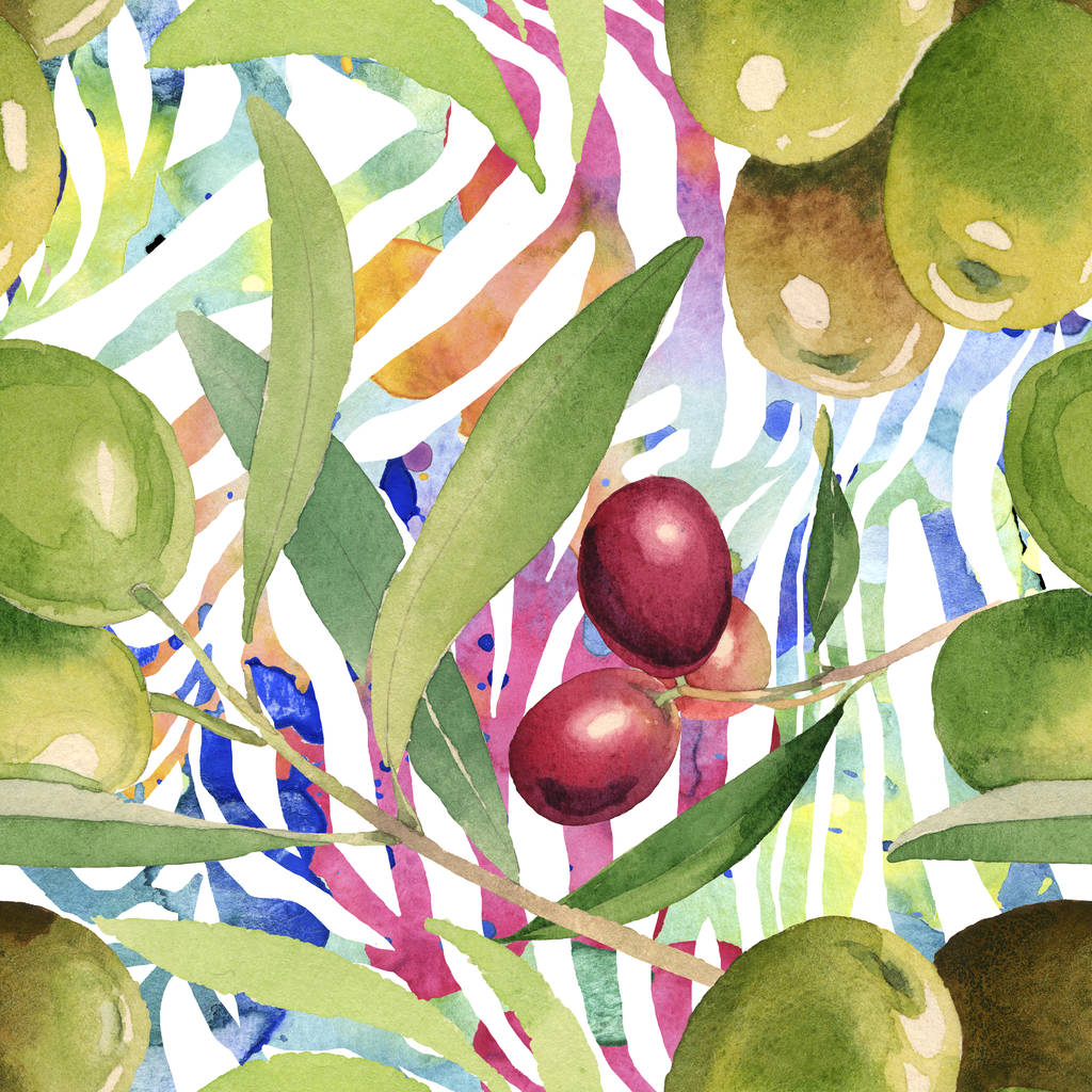 Świeże oliwki z zielonych liści izolowane na białym tle akwarela elementy ilustracji. Płynny wzór tła.  - Zdjęcie, obraz