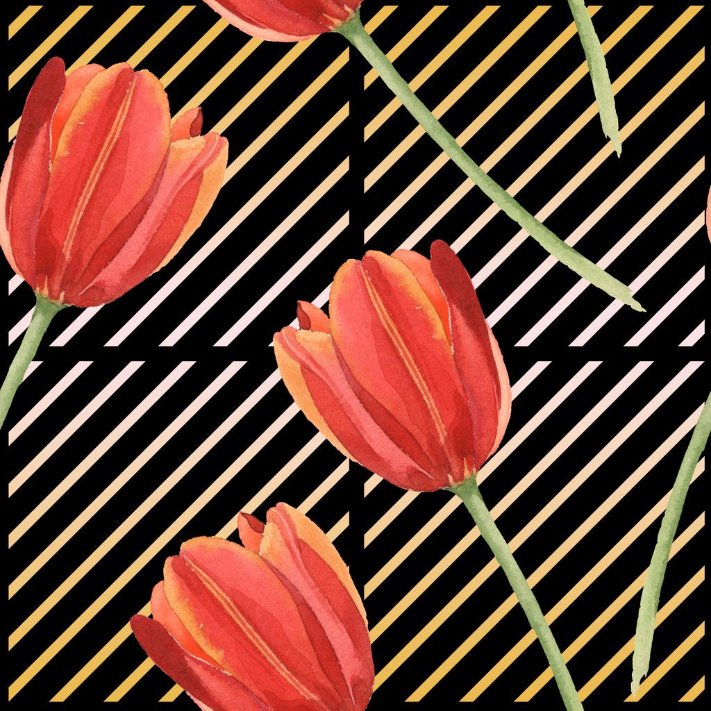 Rode tulpen op zwarte gestreepte achtergrond. Aquarel illustratie set. Naadloos achtergrond patroon. - Foto, afbeelding