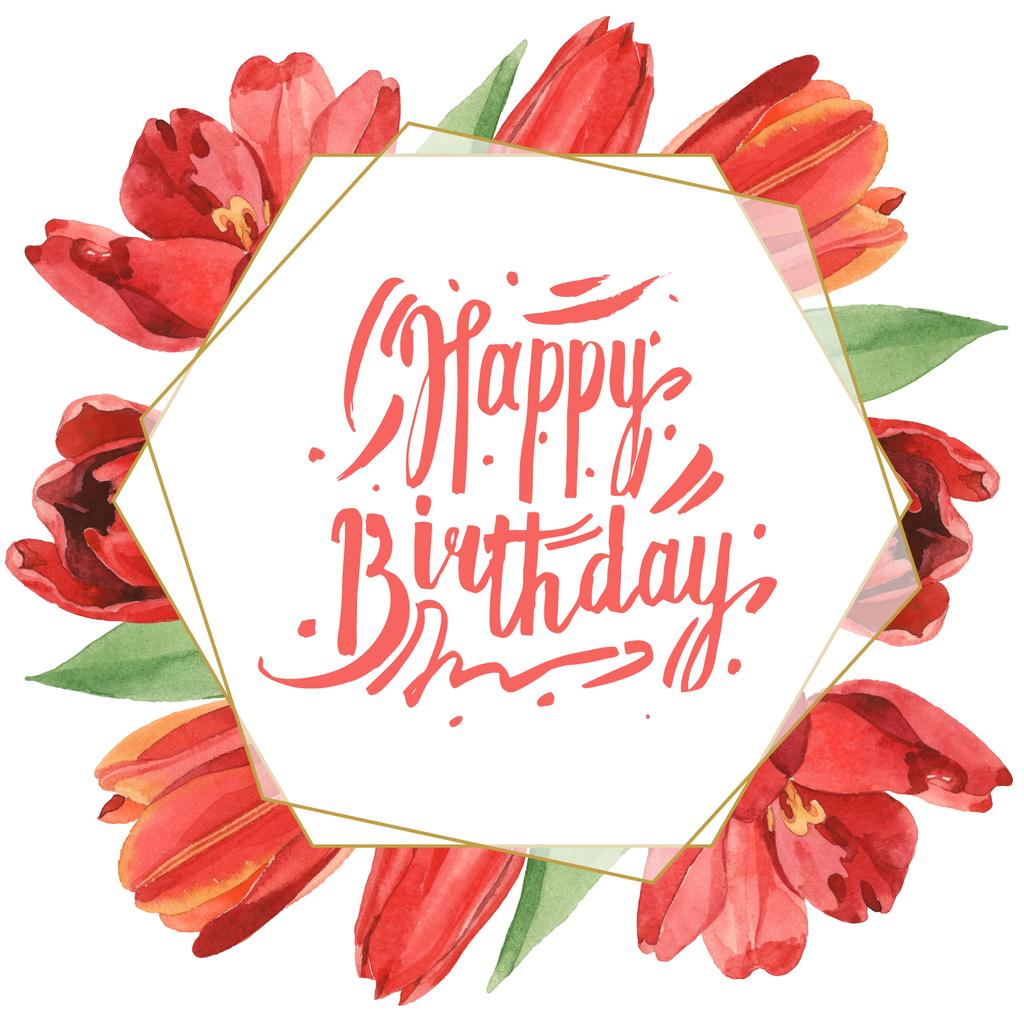 rote Tulpen mit grünen Blättern isoliert auf weißen. Aquarell Hintergrundillustration Set. Rahmen mit Blumen und Happy Birthday Inschrift. - Foto, Bild