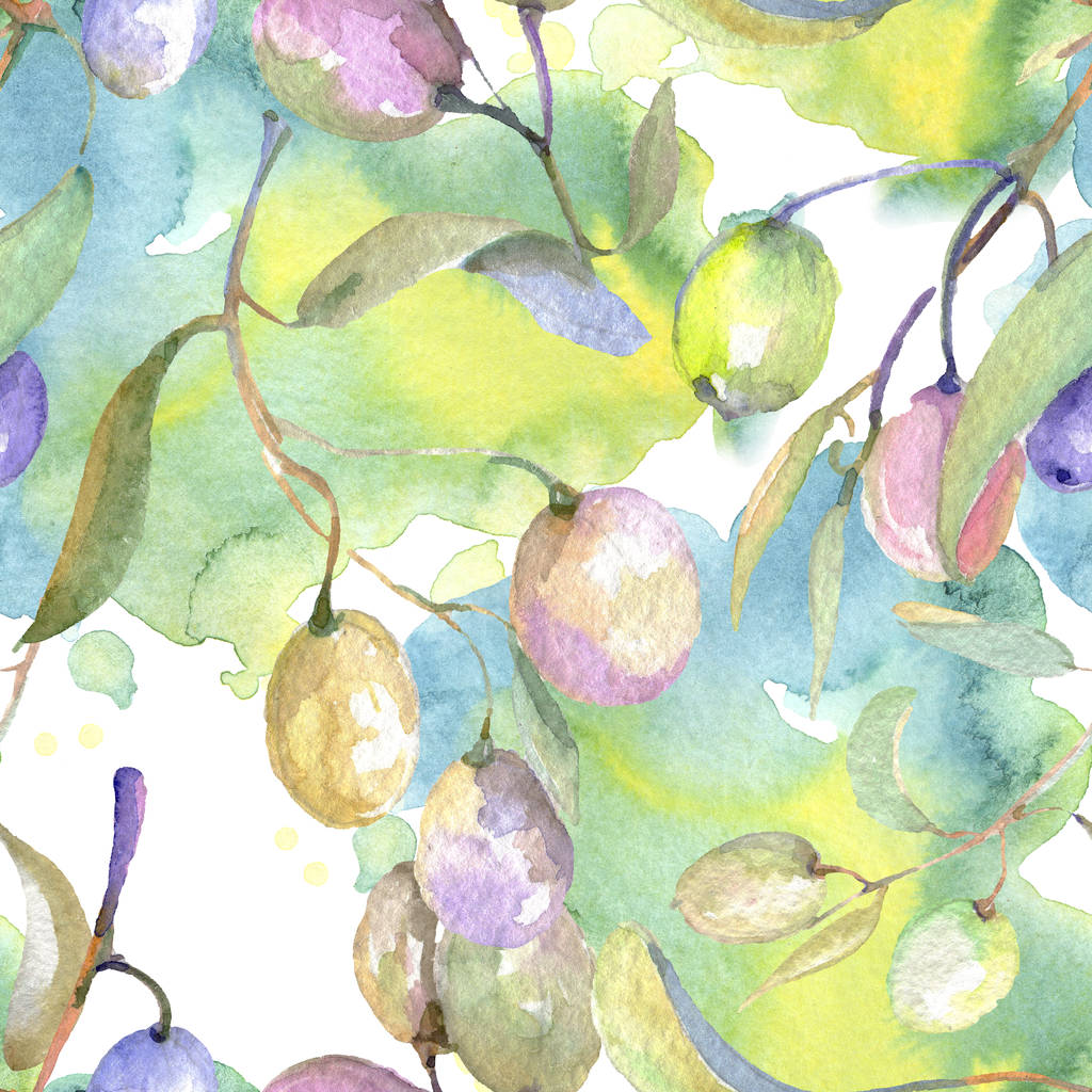 Κλαδιά ελιάς με πράσινα φρούτα και φύλλα. Σύνολο εικονογράφησης φόντου. Ομαλή μοτίβο φόντου.  - Φωτογραφία, εικόνα