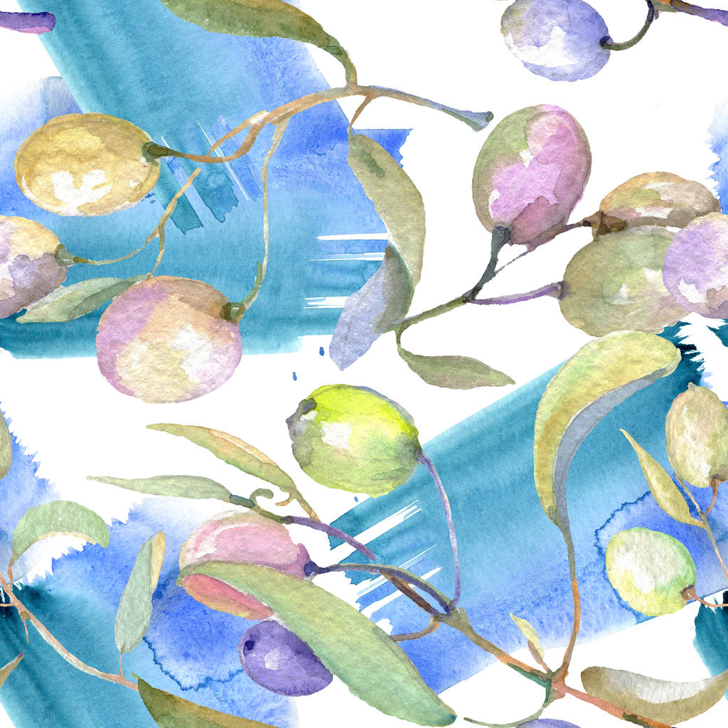 Olivenzweige mit grünen Früchten und Blättern. Aquarell Hintergrundillustration Set. nahtloses Hintergrundmuster.  - Foto, Bild