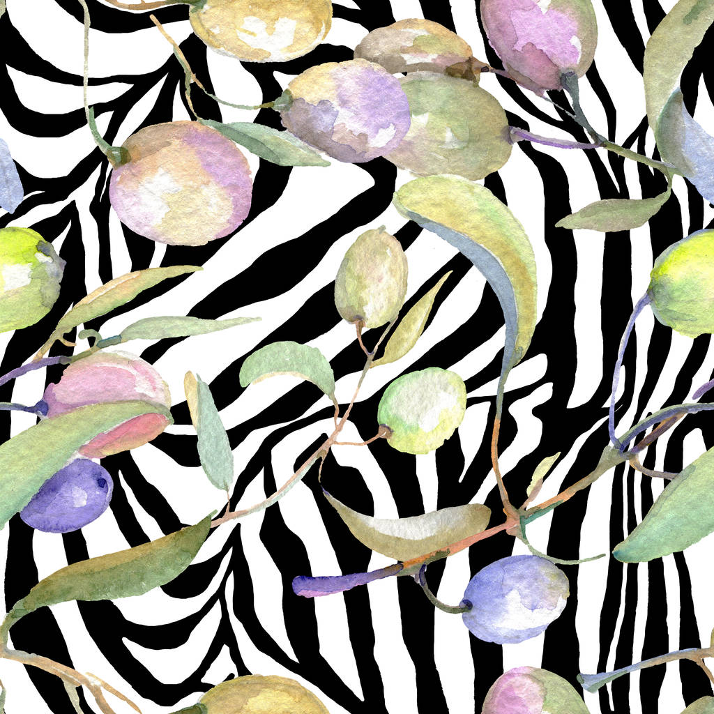 Olivenzweige mit grünen Früchten und Blättern. Aquarell Hintergrundillustration Set. nahtloses Hintergrundmuster.  - Foto, Bild