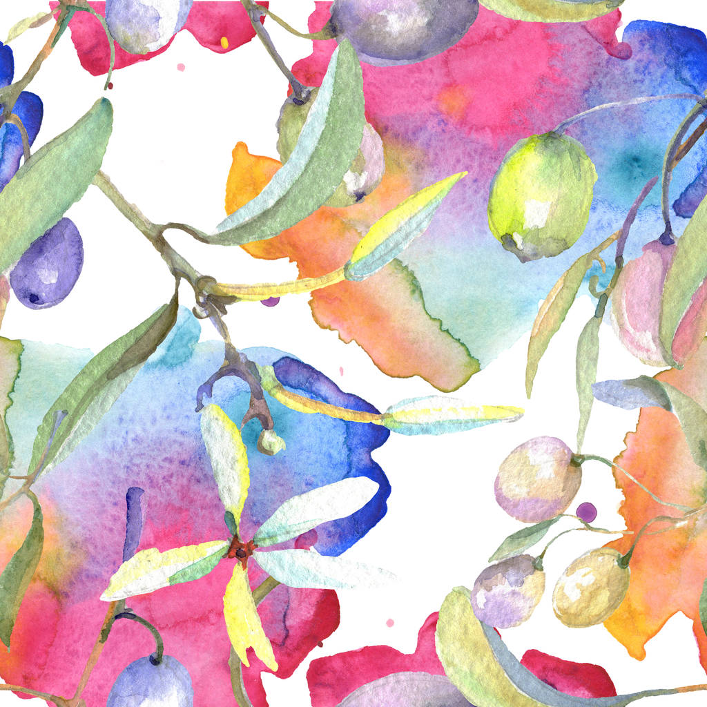 Olívaolaj ágak, zöld gyümölcsök és levelek. Akvarell háttér illusztráció meg. Folytonos háttérmintázat.  - Fotó, kép