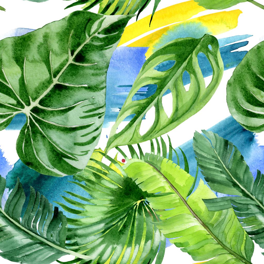 Exotische tropische Hawaiian palmboom verlaat. Aquarel achtergrond illustratie instellen. Naadloos achtergrond patroon.  - Foto, afbeelding