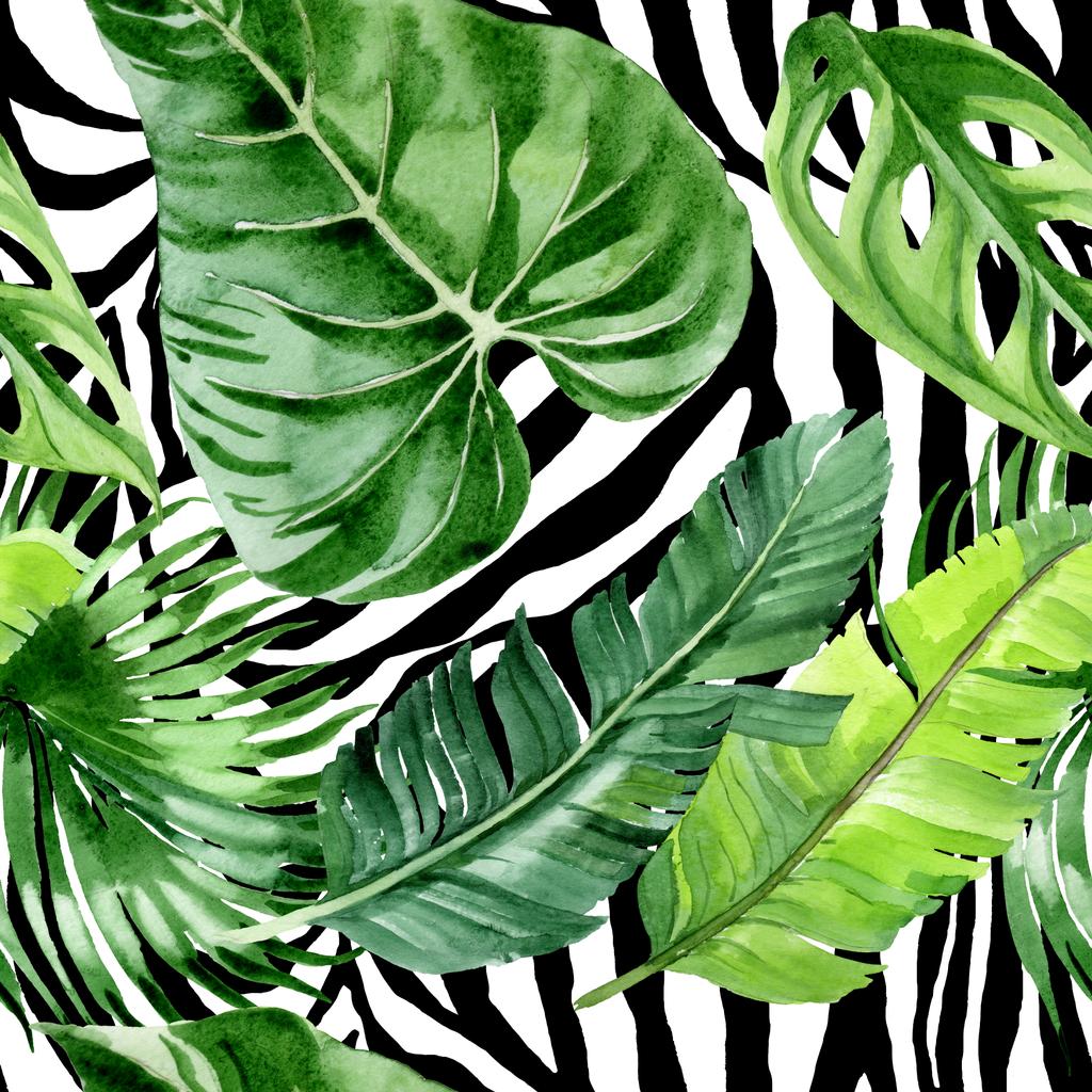 エキゾチックな熱帯ハワイアンヤシの木の葉。●水彩背景イラストセット。シームレスな背景パターン.  - 写真・画像