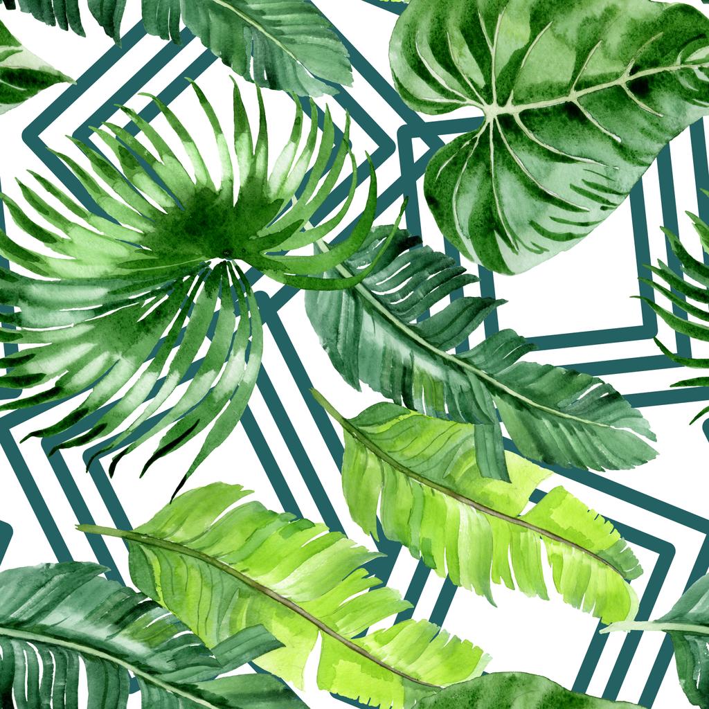 Egzotyczne tropikalne hawajskie drzewa palmowe liści. Akwarela zestaw ilustracji tła. Płynny wzór tła.  - Zdjęcie, obraz