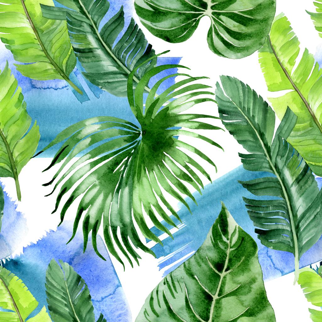 エキゾチックな熱帯ハワイアンヤシの木の葉 水彩背景イラストセット シームレスな背景パターン ロイヤリティフリー写真 画像素材