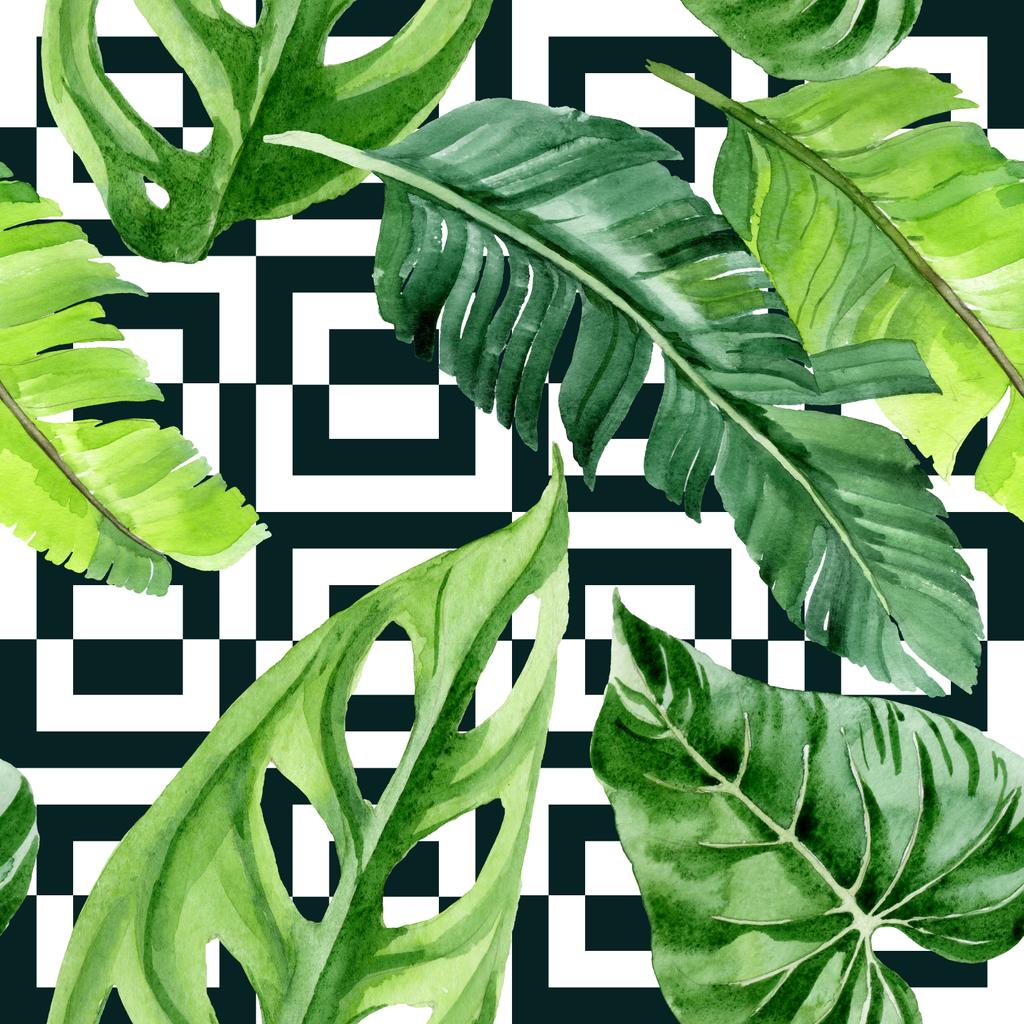 Folhas de palmeira exóticas tropicais havaianas. Conjunto de ilustração de fundo aquarela. Padrão de fundo sem costura
.  - Foto, Imagem