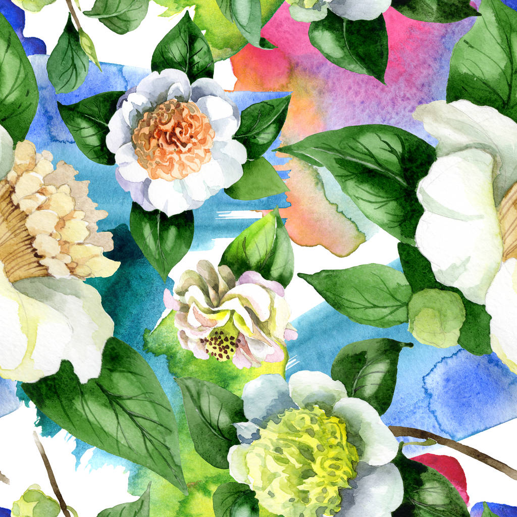 緑の葉を持つ白い椿の花の水彩画セット。シームレスな背景パターン. - 写真・画像