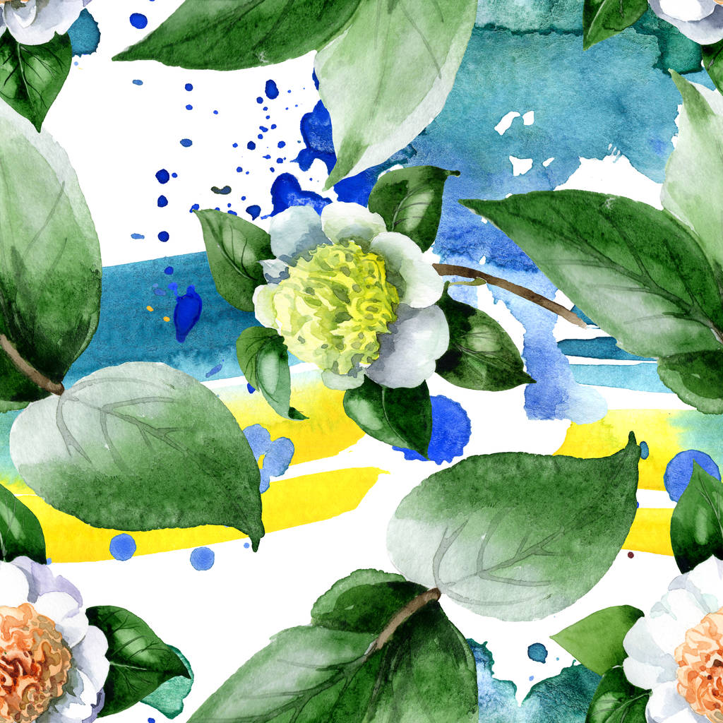 White camellia flowers with green leaves watercolor illustration set. Seamless background pattern. - Photo, Image
