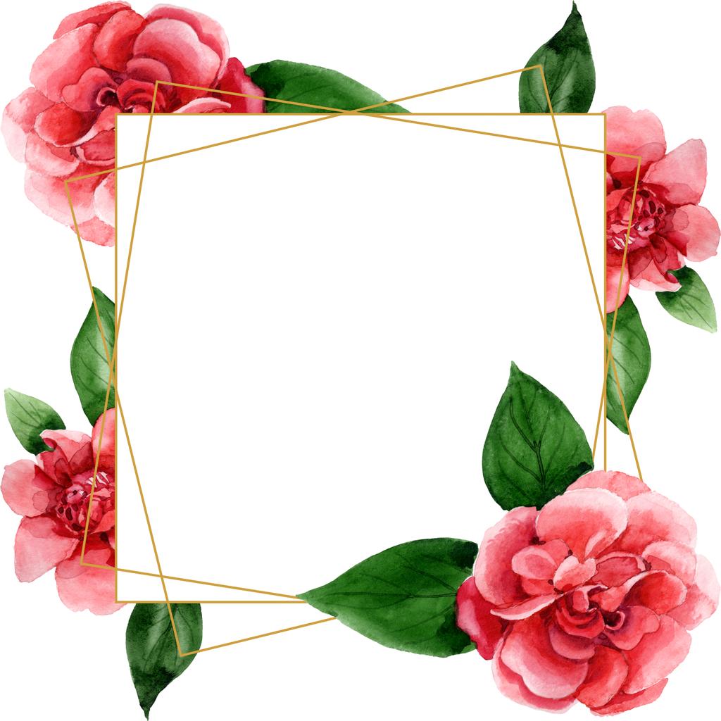 Roze Camellia bloemen met groene bladeren geïsoleerd op wit. Aquarel achtergrond illustratie instellen. Frame rand ornament met Kopieer ruimte. - Foto, afbeelding