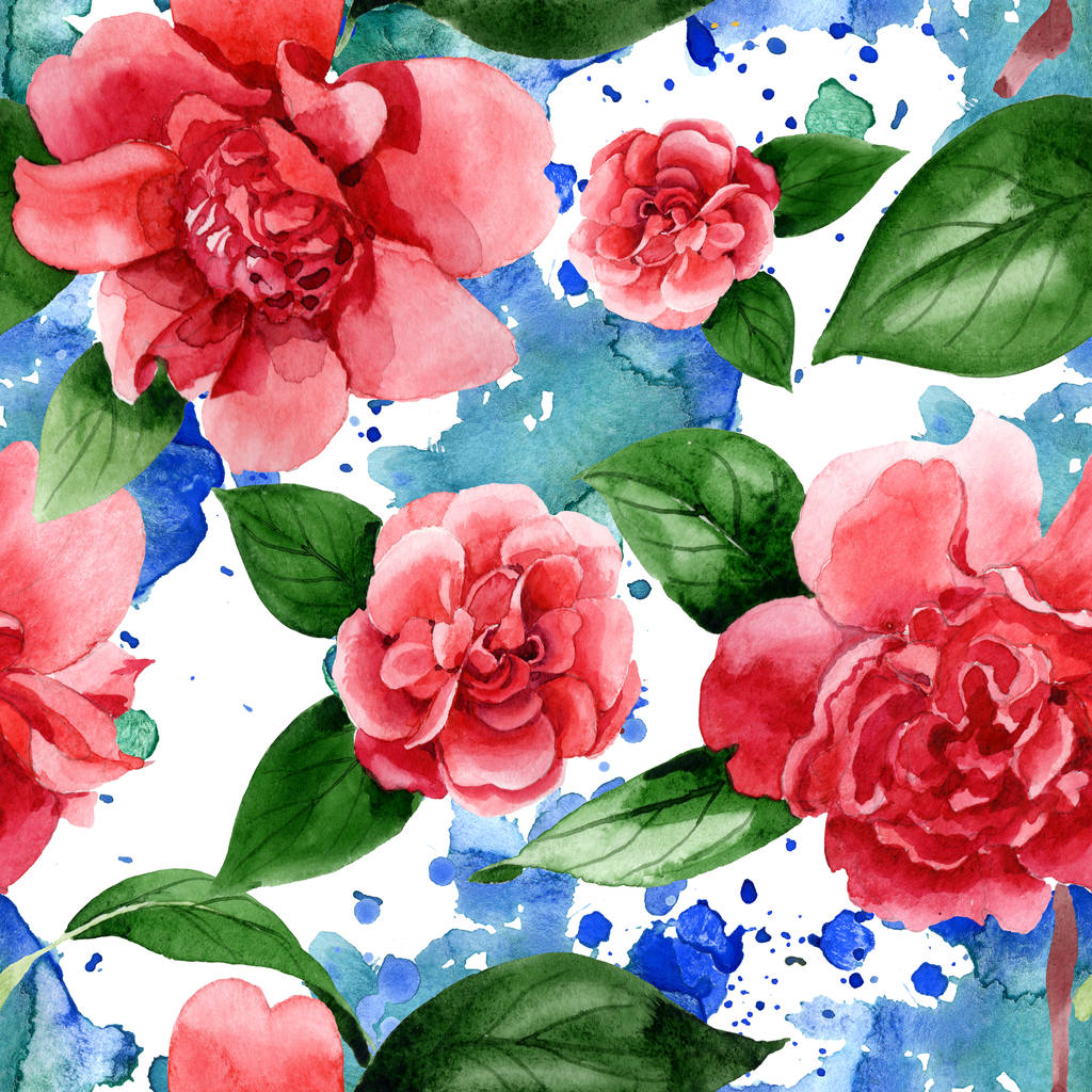 Różowe kwiaty Kamelia z zielonymi liśćmi. Zestaw ilustracji akwarela. Płynny wzór tła.  - Zdjęcie, obraz