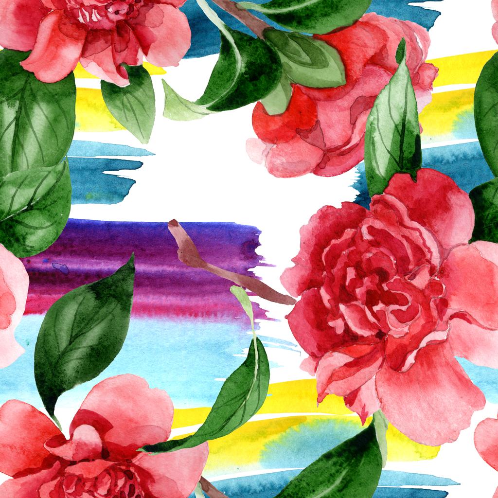 Roze Camellia bloemen met groene bladeren. Aquarel illustratie set. Naadloos achtergrond patroon.  - Foto, afbeelding