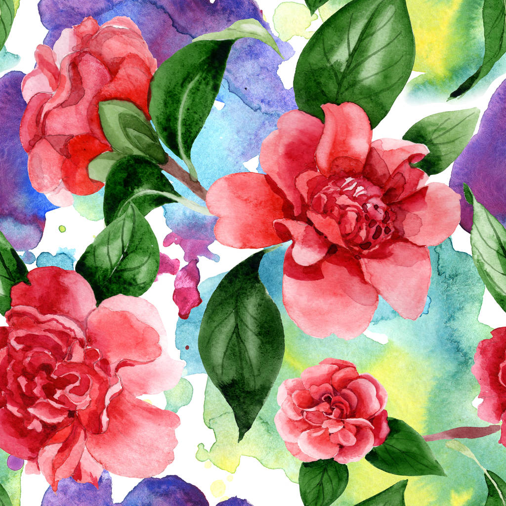 緑の葉を持つピンクのツバキの花。●水彩イラストセット。シームレスな背景パターン.  - 写真・画像
