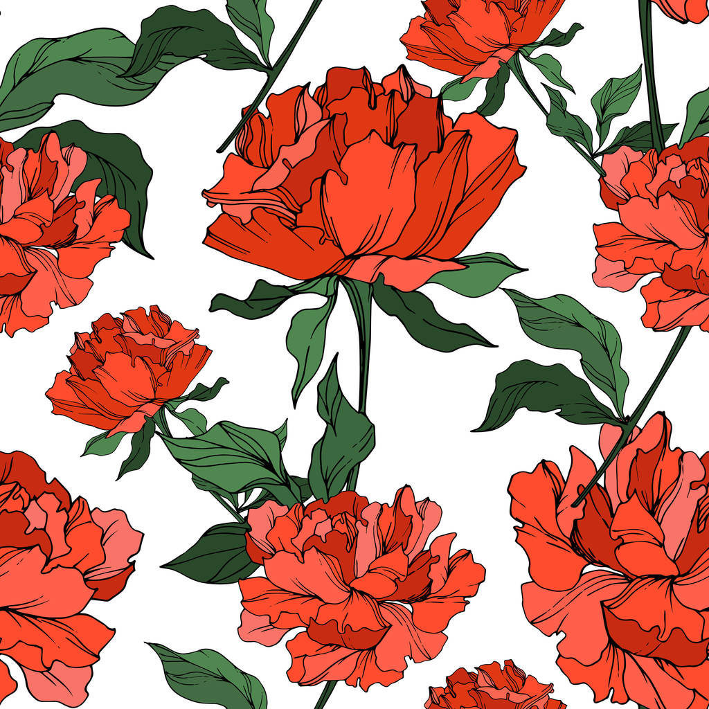 ベクトル赤いピオニは、白に分離された葉を持つ。シームレスな背景パターン.  - ベクター画像