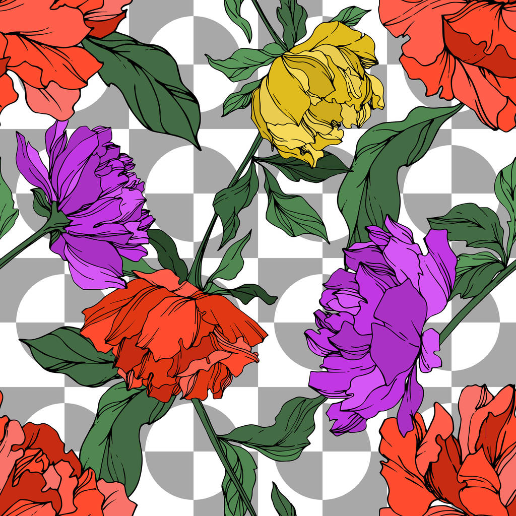 Vector multicolored peonies with leaves. Seamless background pattern.  - Vector, Image