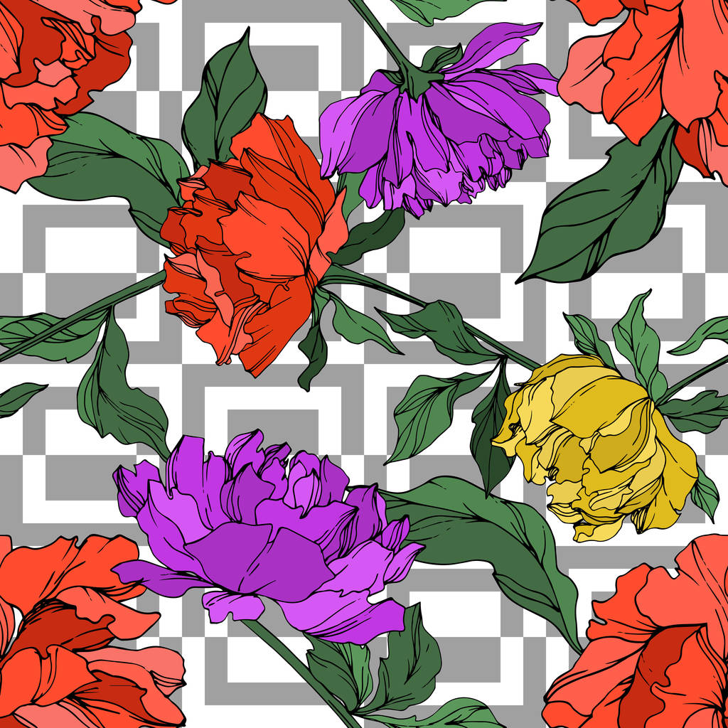 Pivoines vectorielles multicolores avec des feuilles isolées sur blanc. Modèle de fond sans couture
.  - Vecteur, image