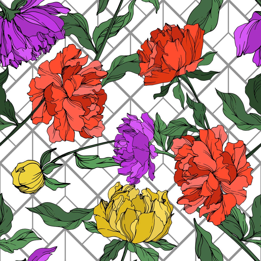 Vector multicolored peonies with leaves isolated on white. Seamless background pattern.  - Vector, Image
