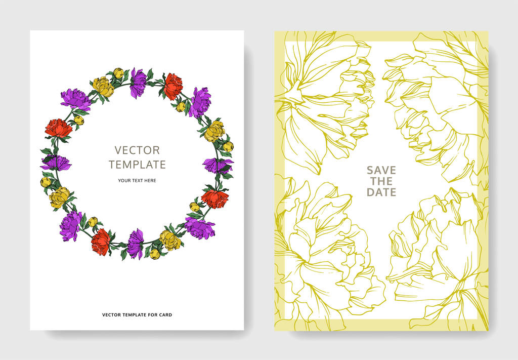 Plantillas de tarjetas de invitación con letras y peonías multicolores vectoriales con hojas aisladas en blanco
.  - Vector, imagen