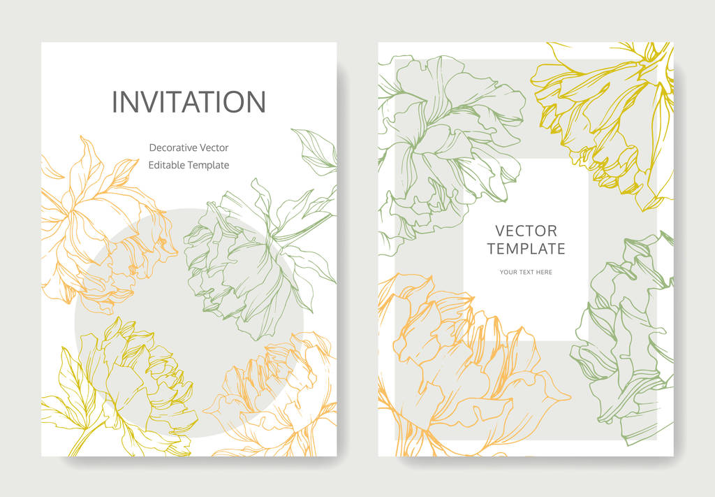 Invitation cards templates with lettering and vector peonies with leaves sketches. - Vector, Image