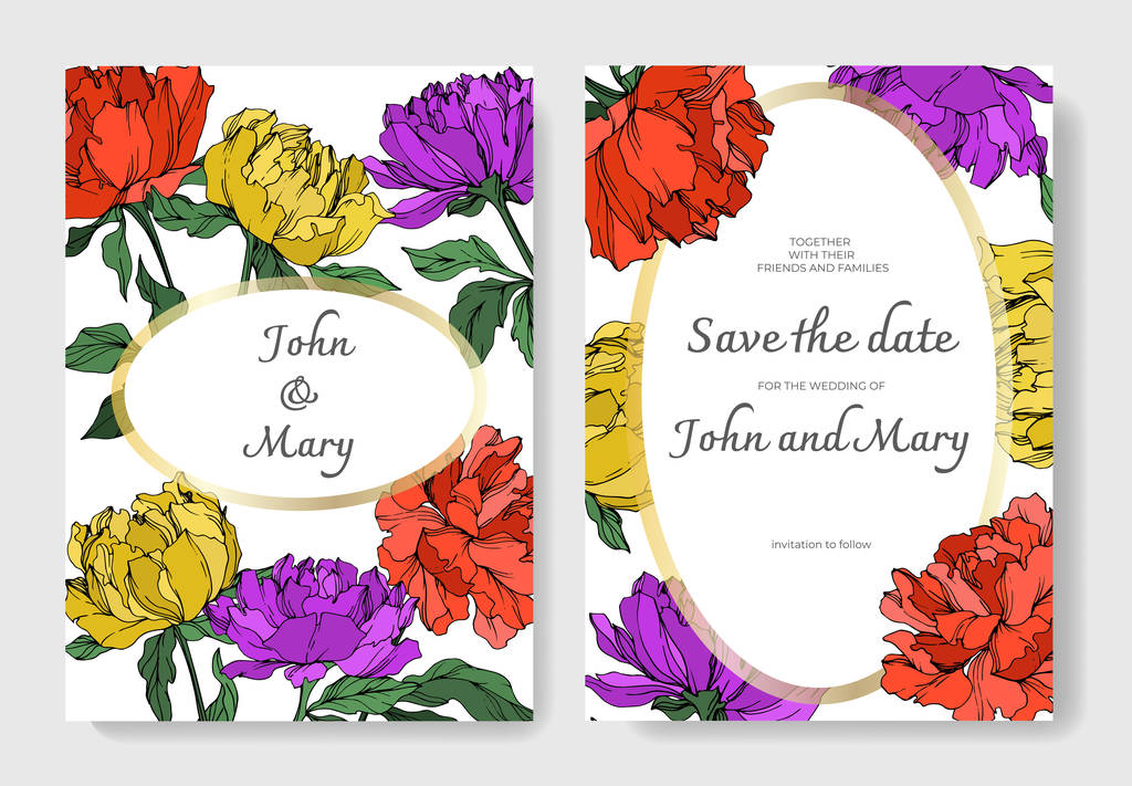 Modèles de cartes d'invitation avec lettrage et pivoines multicolores vectorielles avec feuilles isolées sur blanc
.  - Vecteur, image