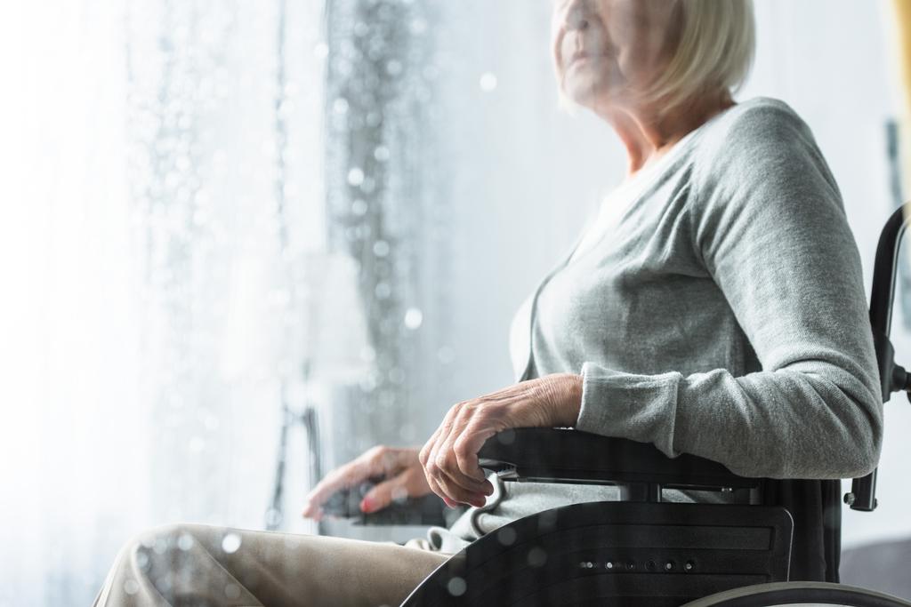 Blick auf gehbehinderte Seniorin im Rollstuhl abgeschnitten - Foto, Bild