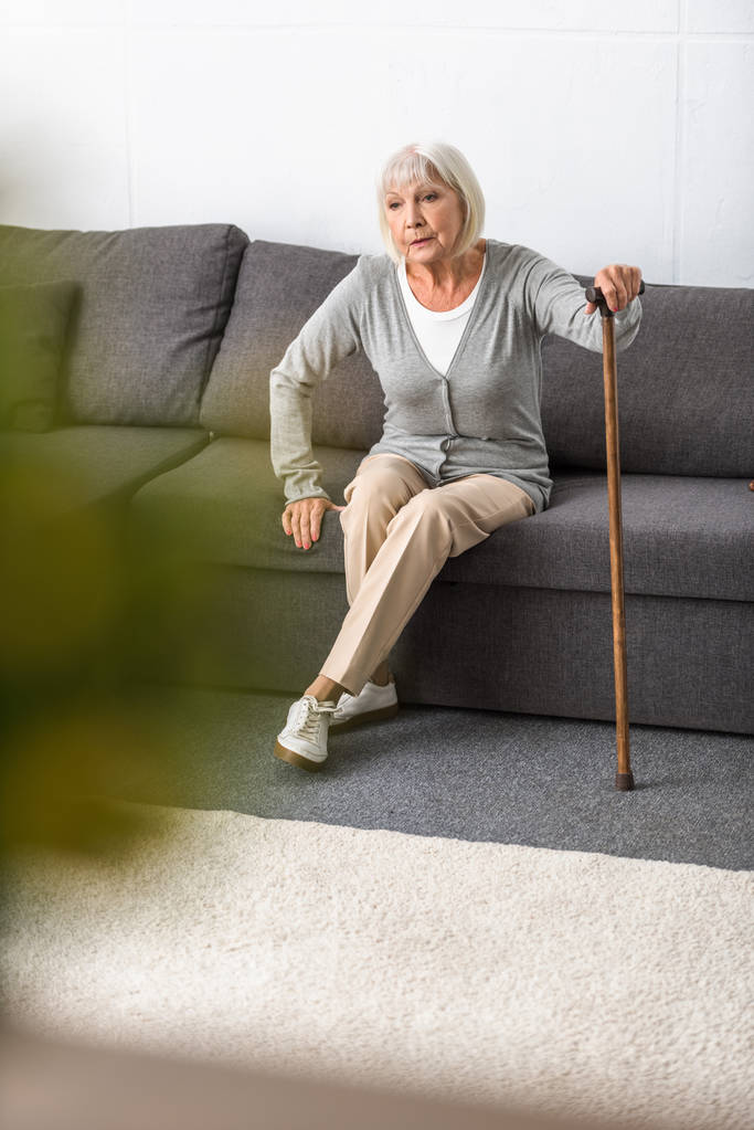 старша жінка з палицею, що сидить на дивані у вітальні
 - Фото, зображення