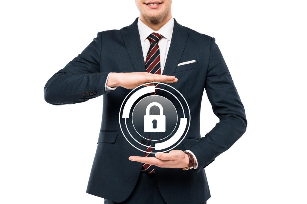 cropped view of businessman in formal wear gesturing near virtual padlock isolated on white  - Photo, Image