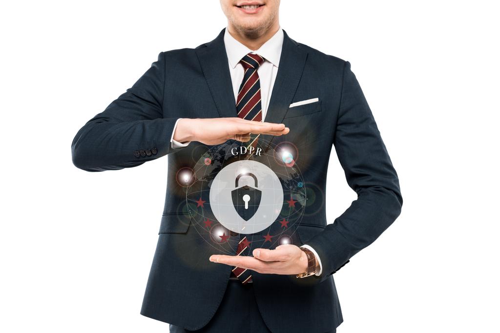 vue recadrée de l'homme d'affaires en tenue formelle geste près cadenas virtuel avec lettrage gdpr isolé sur blanc
  - Photo, image