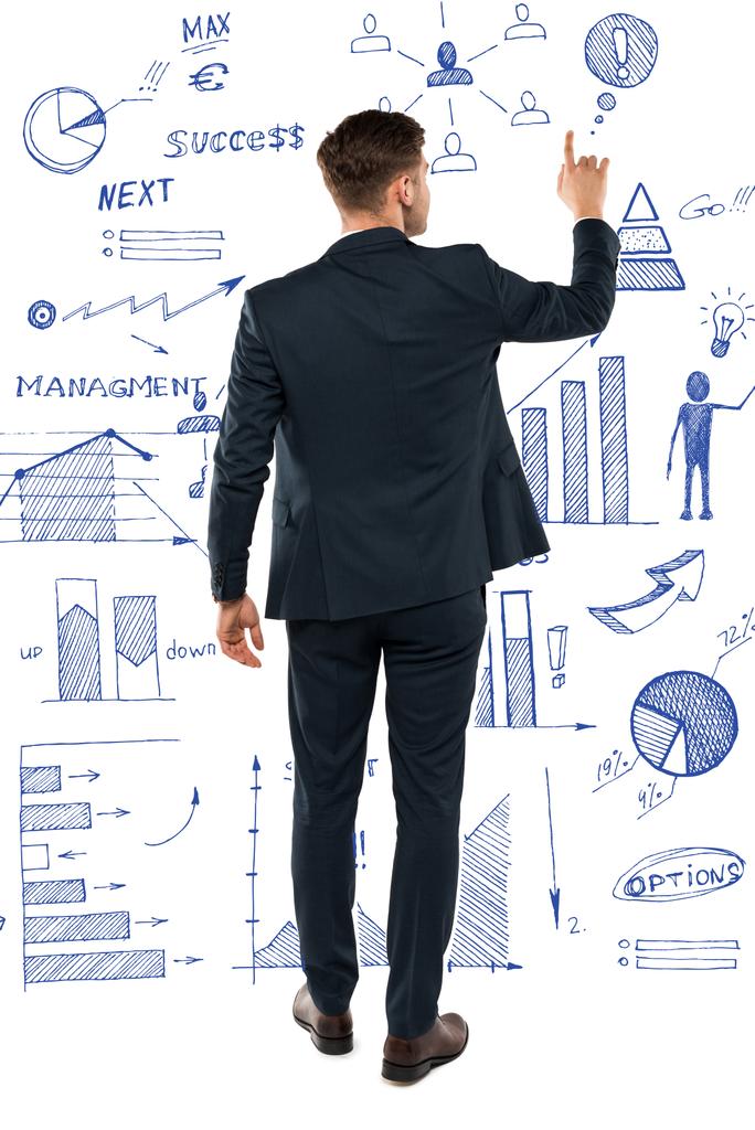 back view of man pointing with finger while standing near charts and graphs on white  - Photo, Image