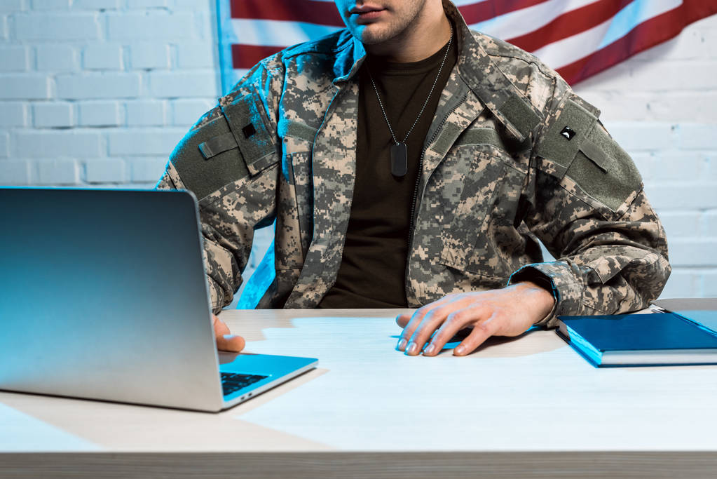 rajattu näkymä sotilas yhtenäinen käyttäen kannettavaa toimistossa
  - Valokuva, kuva