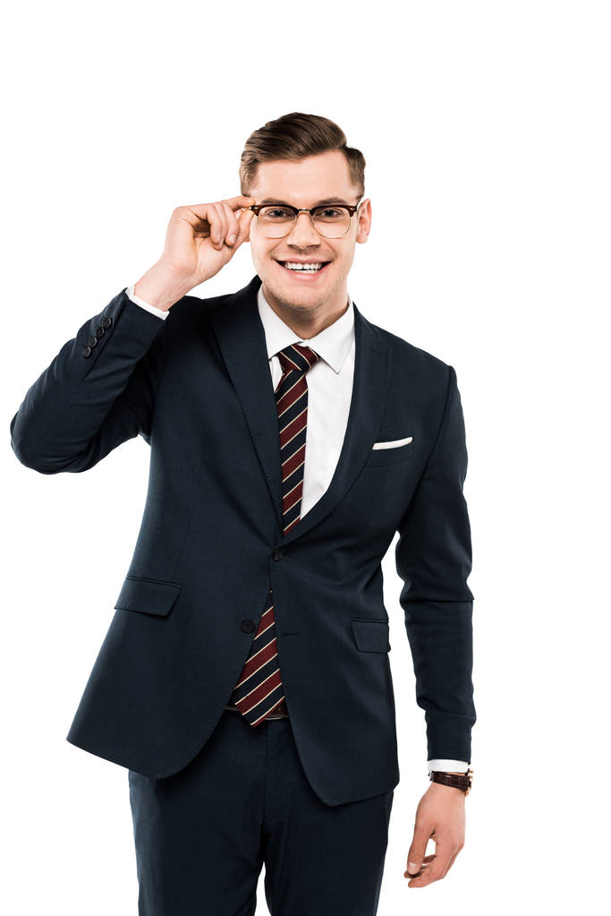веселый бизнесмен в костюме трогательные очки изолированы на белом
  - Фото, изображение