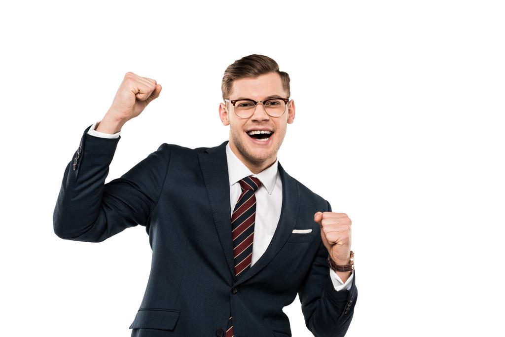 szczęśliwy biznesmen w okularach świętować triumf na białym tle  - Zdjęcie, obraz