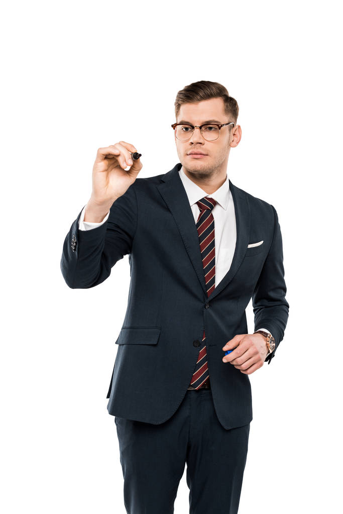 bell'uomo d'affari in occhiali con pennarello isolato su bianco
  - Foto, immagini