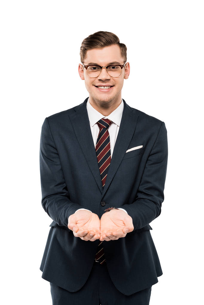 cheerful businessman in glasses with cupped hands isolated on white  - Photo, Image