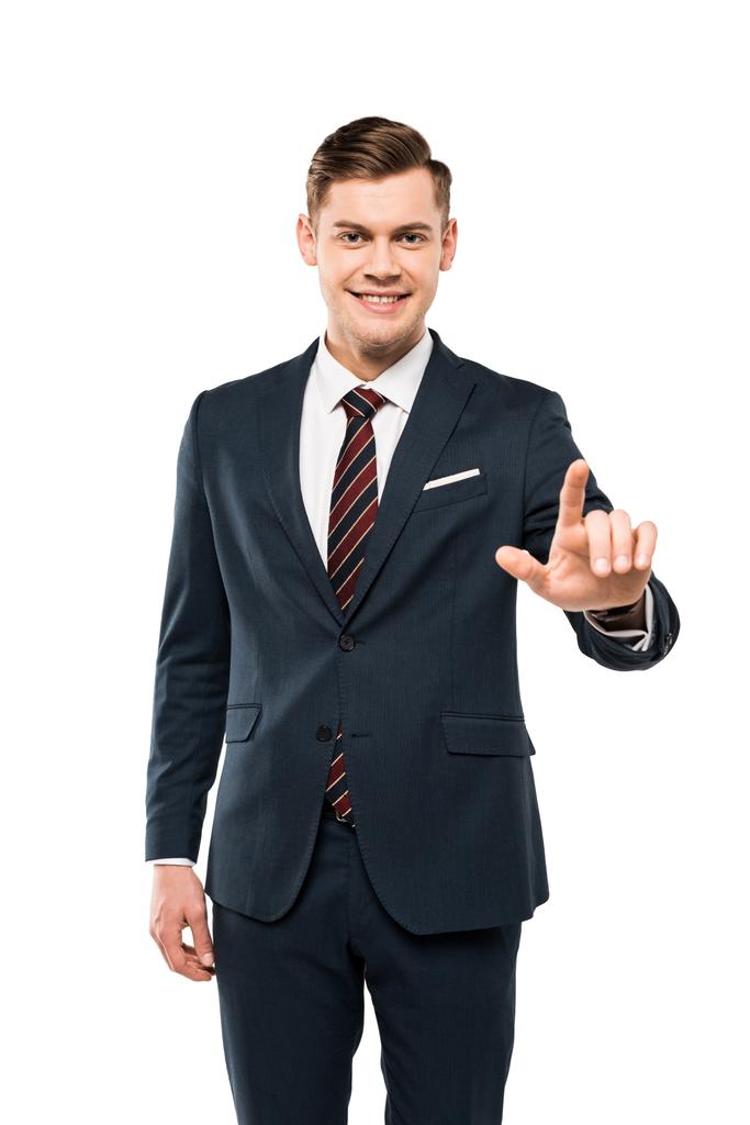 Geschäftsmann zeigt mit erhobenem Zeigefinger auf Weiß  - Foto, Bild