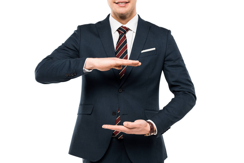 vista recortada de hombre de negocios en el gesto de desgaste formal aislado en blanco
  - Foto, imagen