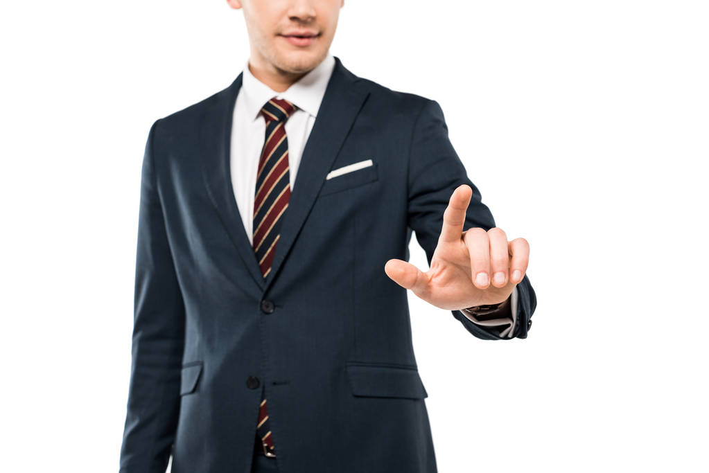 vista cortada do homem feliz em desgaste formal apontando com o dedo isolado no branco
  - Foto, Imagem