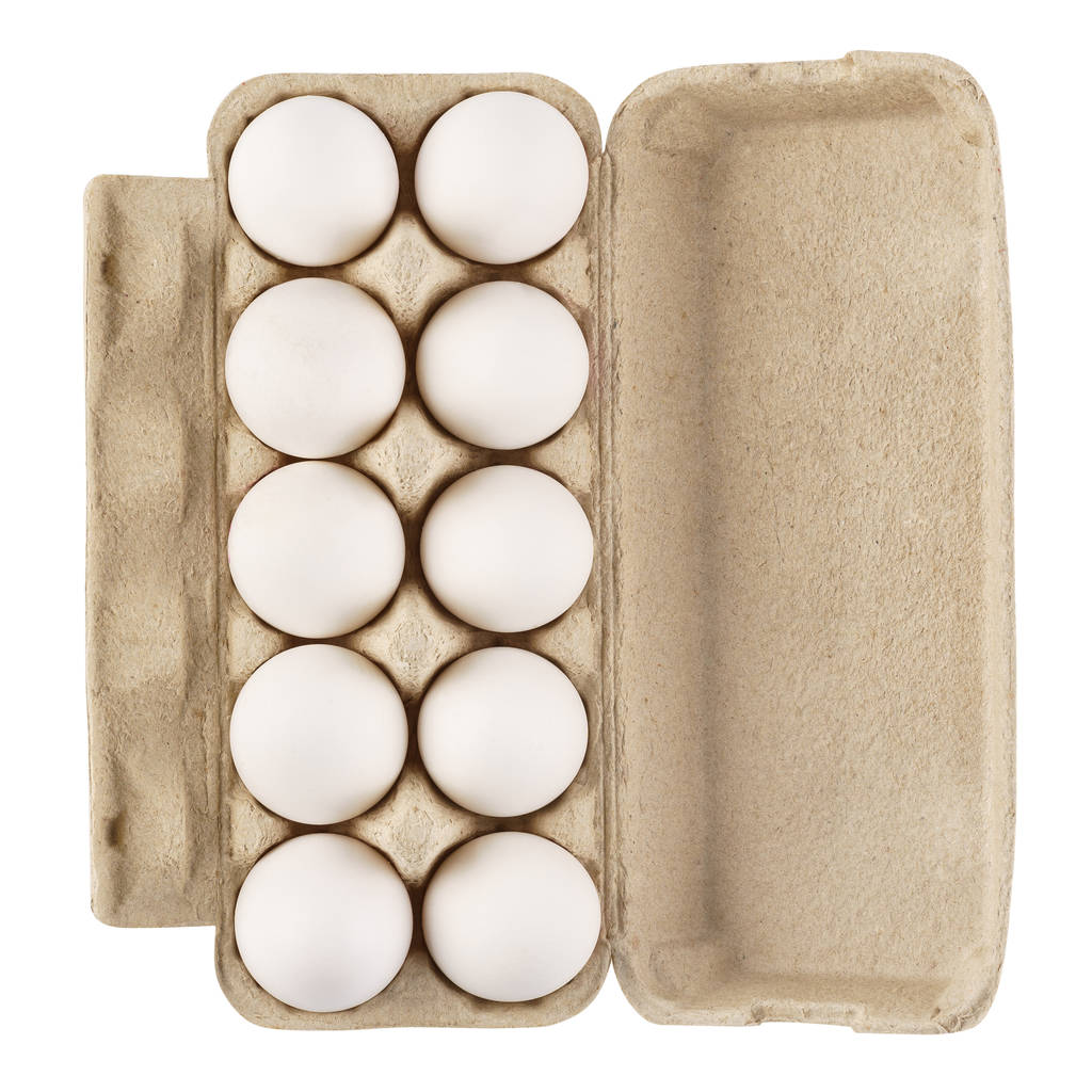 Karton jajko pudełko z dziesięciu jaj. Izolowane. - Zdjęcie, obraz