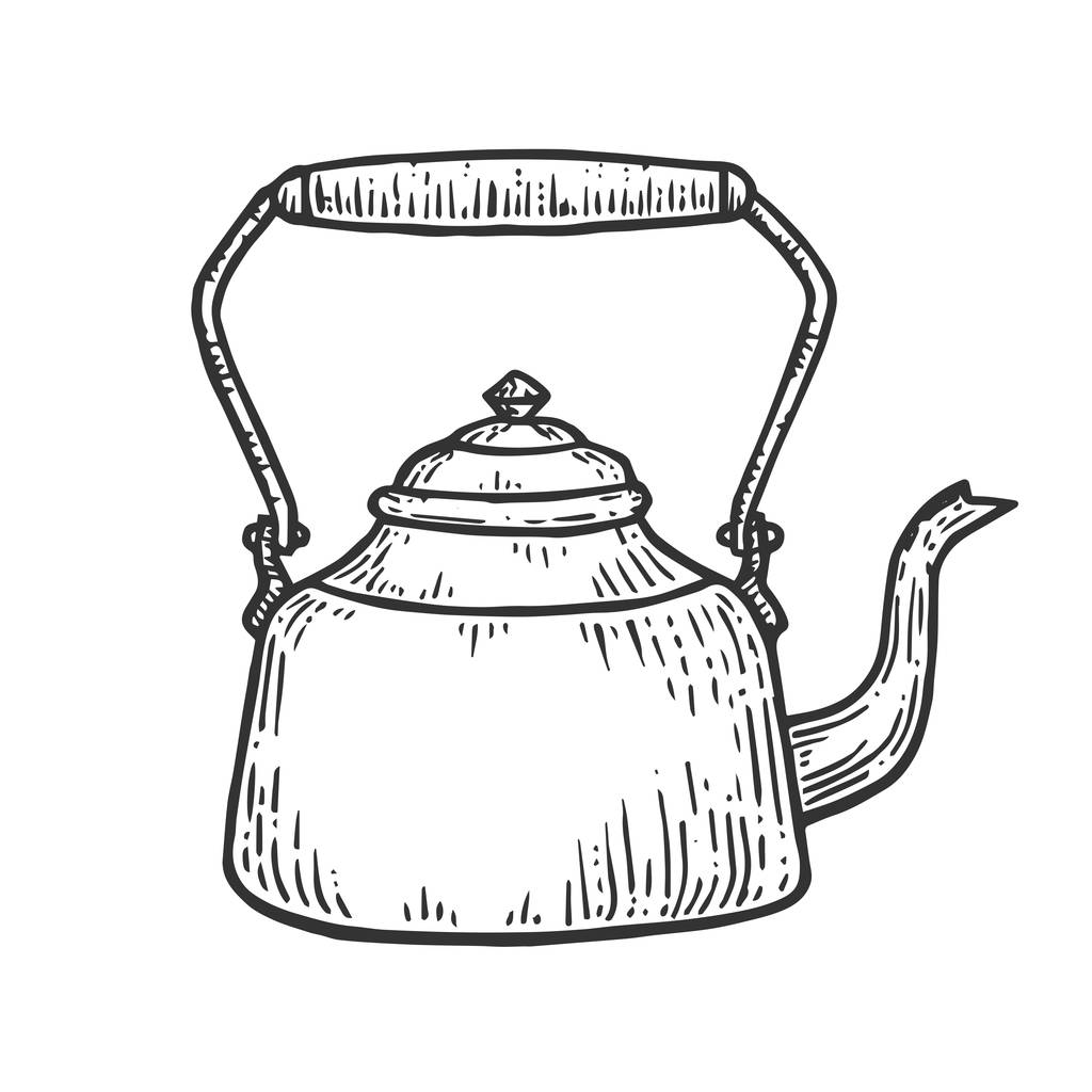 Старий чайник Ескіз гравіювання Векторні ілюстрації. Імітація стилю подряпини дошки. Мальоване зображення вручну
. - Вектор, зображення